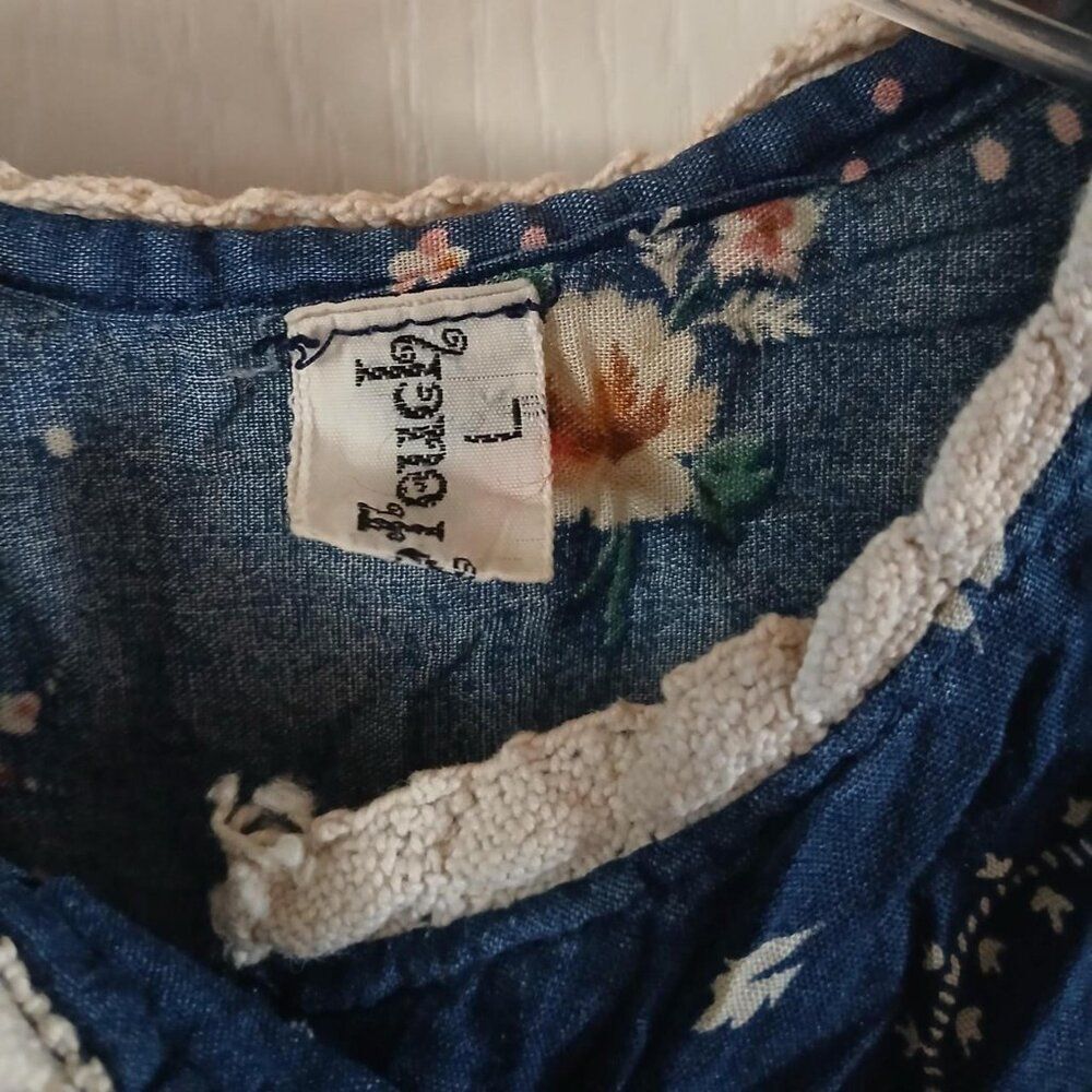 VTG Cottagecore Prairie Navy Floral A-Line Dress Button Bib Collar Lace Trim L - Picture 6 of 8